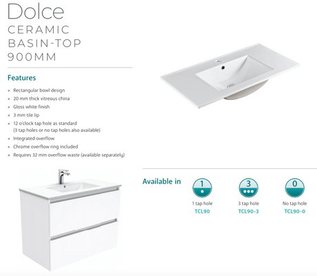 Fienza Dolce Hampton Tcl90T 900Mm White Wall Hung Vanity Unit - Special Order Units