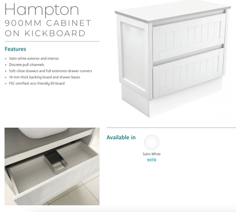 Fienza Dolce 900Mm Tcl90Tk Hampton White Vanity Unit On Kickboard - Special Order Units