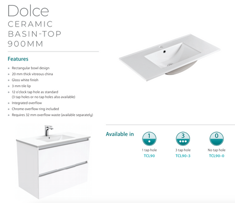 Fienza Dolce 900Mm Tcl90Tk Hampton White Vanity Unit On Kickboard - Special Order Units