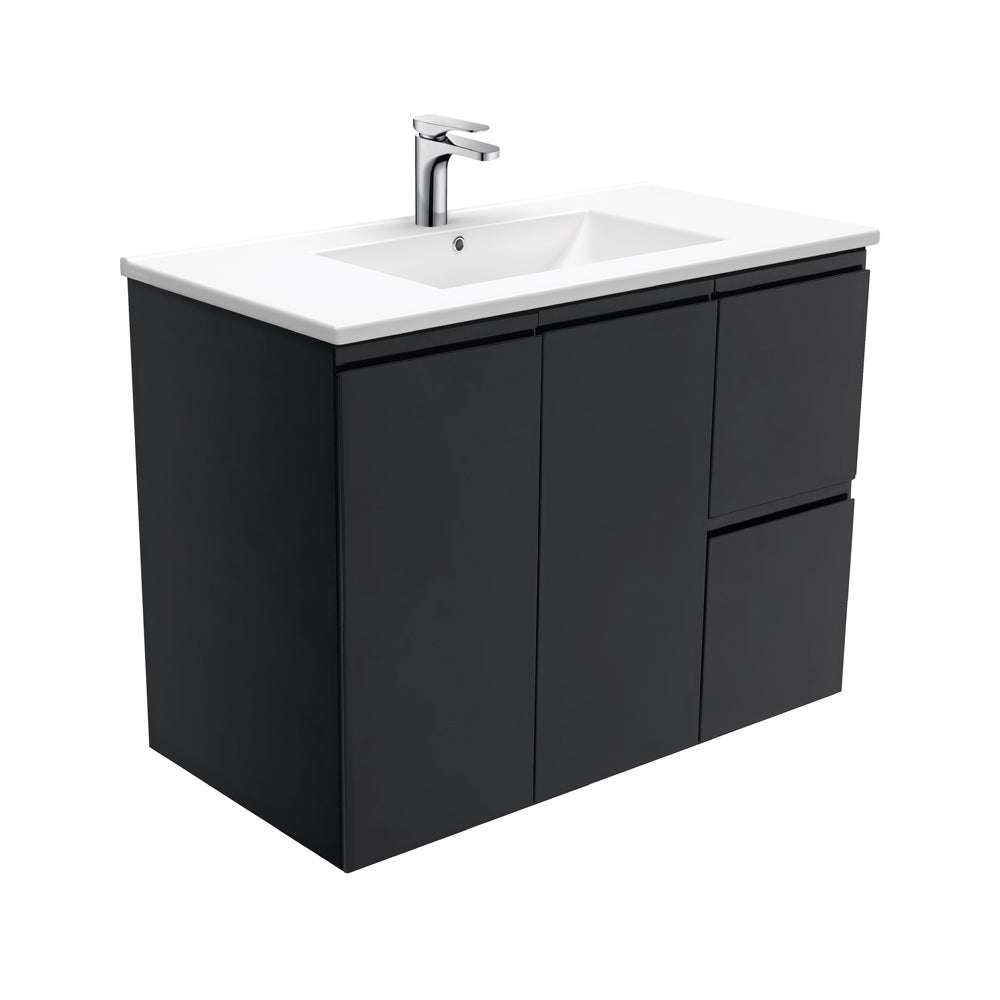 Fienza Tcl90Zbr Dolce 900Mm Fingerpull Satin Black Wall Hung Vanity Right Draws - Special Order