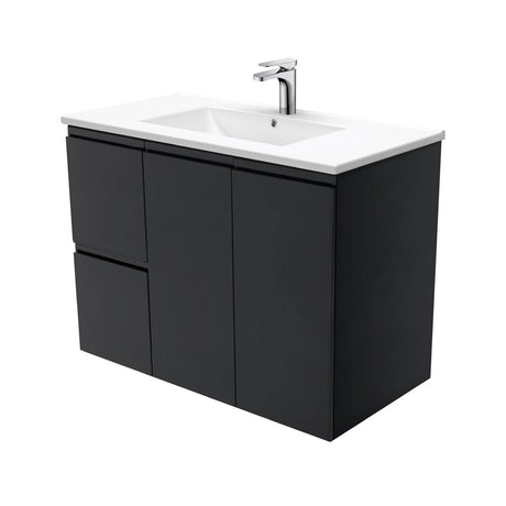 Fienza Tcl90Zbl Dolce 900Mm Fingerpull Satin Black Wall Hung Vanity Left Draws - Special Order Units