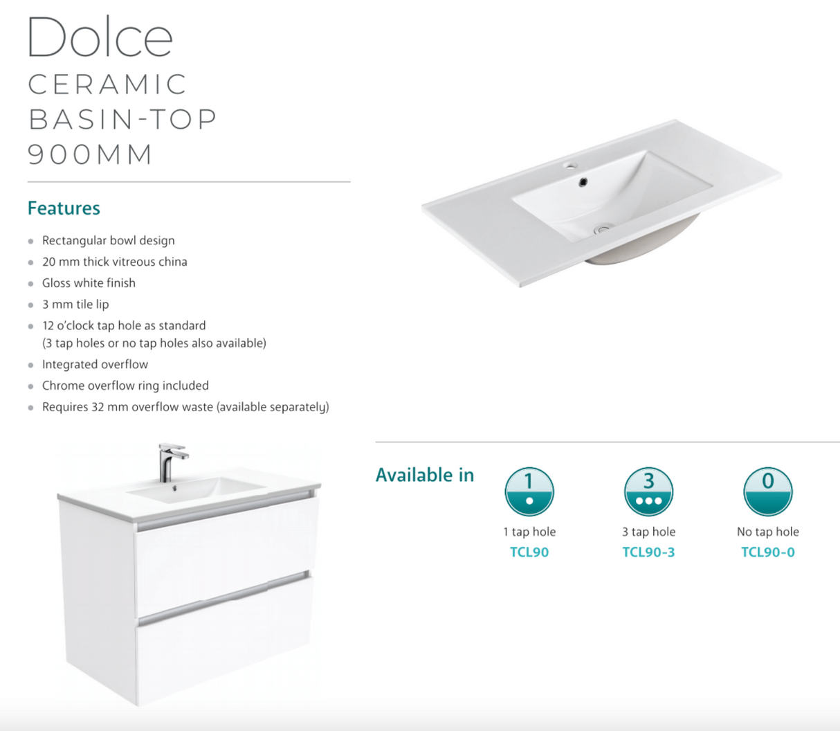 Fienza Dolce Tcl90Zkl 900Mm Fingerpull Matte White Vanity With Kickboard Left Drawers - Special