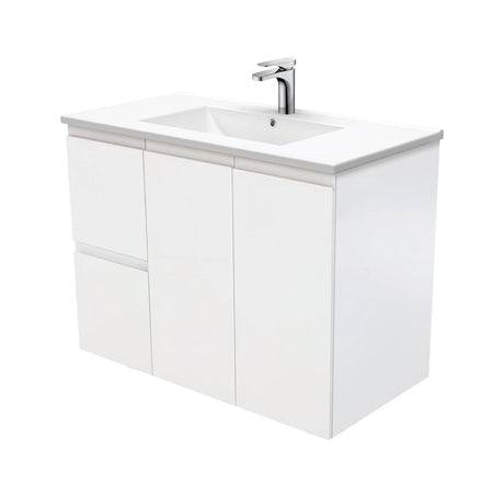 Fienza Dolce Tcl90Zl 900Mm Ceramic Wall Hung Finger Pull Satin White Vanity One Tap Hole Left Hand
