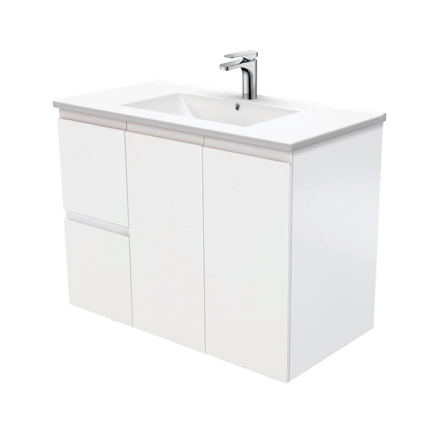 Fienza Dolce Tcl90Zl 900Mm Ceramic Wall Hung Finger Pull Satin White Vanity One Tap Hole Left Hand