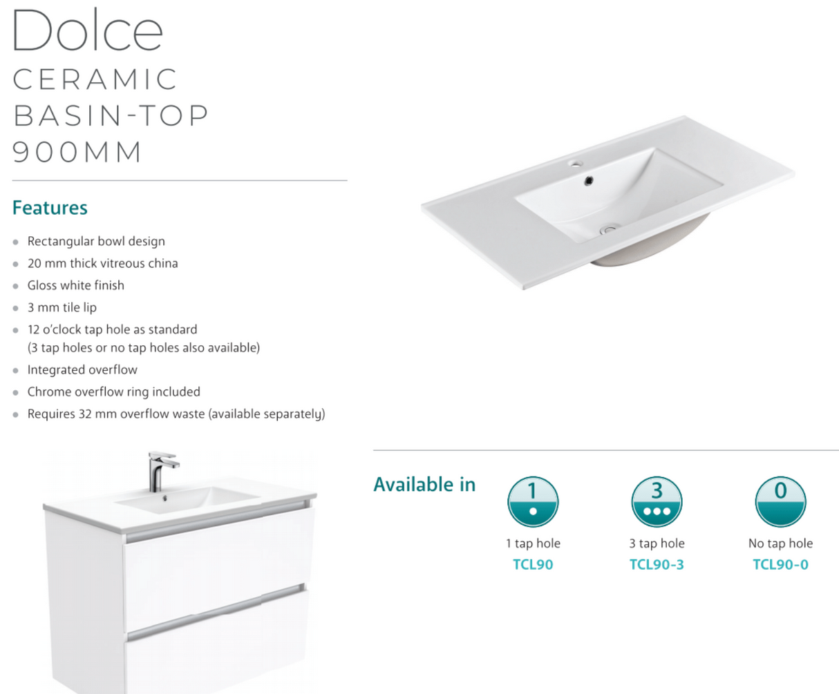 Fienza Dolce Tcl90Zr 900Mm Ceramic Wall Hung Finger Pull Satin White Vanity One Tap Hole Right Hand