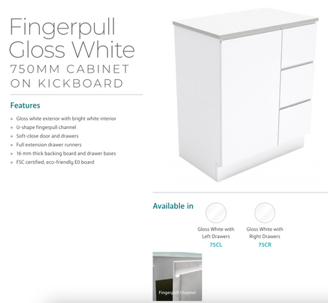 Fienza Tclb75Cl 750Mm Dolce Matte Black Fingerpull Gloss White Vanity On Kickboard Left Drawers -