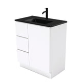 Fienza Tclb75Cl 750Mm Dolce Matte Black Fingerpull Gloss White Vanity On Kickboard Left Drawers -