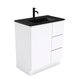 Fienza Tclb75Cr 750Mm Dolce Matte Black Fingerpull Gloss White Vanity On Kickboard Right Drawers -