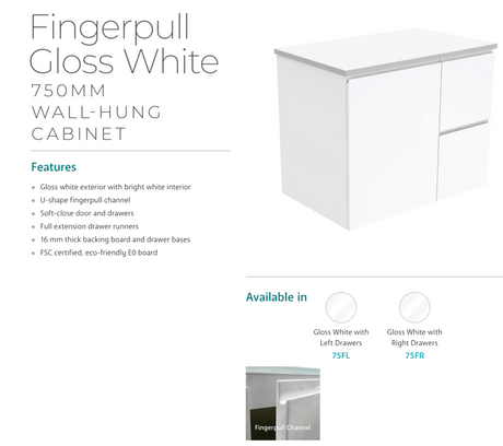 Fienza Dolce Tclb75Fl 750Mm Matte Black Fingerpull Gloss White Wall Hung Vanity Left Drawers -