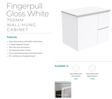 Fienza Dolce Tclb75Fr 750Mm Matte Black Fingerpull Gloss White Wall Hung Vanity Right Drawers -