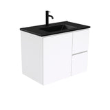 Fienza Dolce Tclb75Fr 750Mm Matte Black Fingerpull Gloss White Wall Hung Vanity Right Drawers -