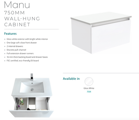 Fienza 750Mm Tclb75H Dolce Matte Black Manu Wall Hung Vanity White - Special Order Units