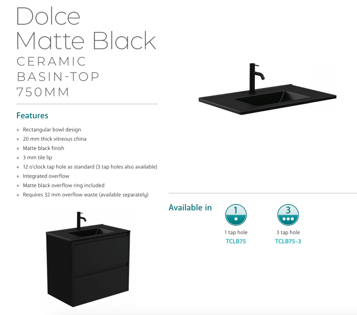 Fienza 750Mm Tclb75H Dolce Matte Black Manu Wall Hung Vanity White - Special Order Units