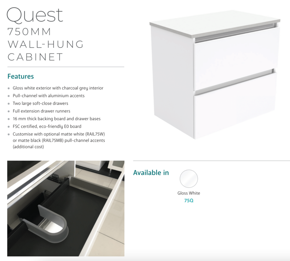 Fienza 750Mm Tclb75Q Dolce Matte Black Quest Wall Hung Vanity White - Special Order Units