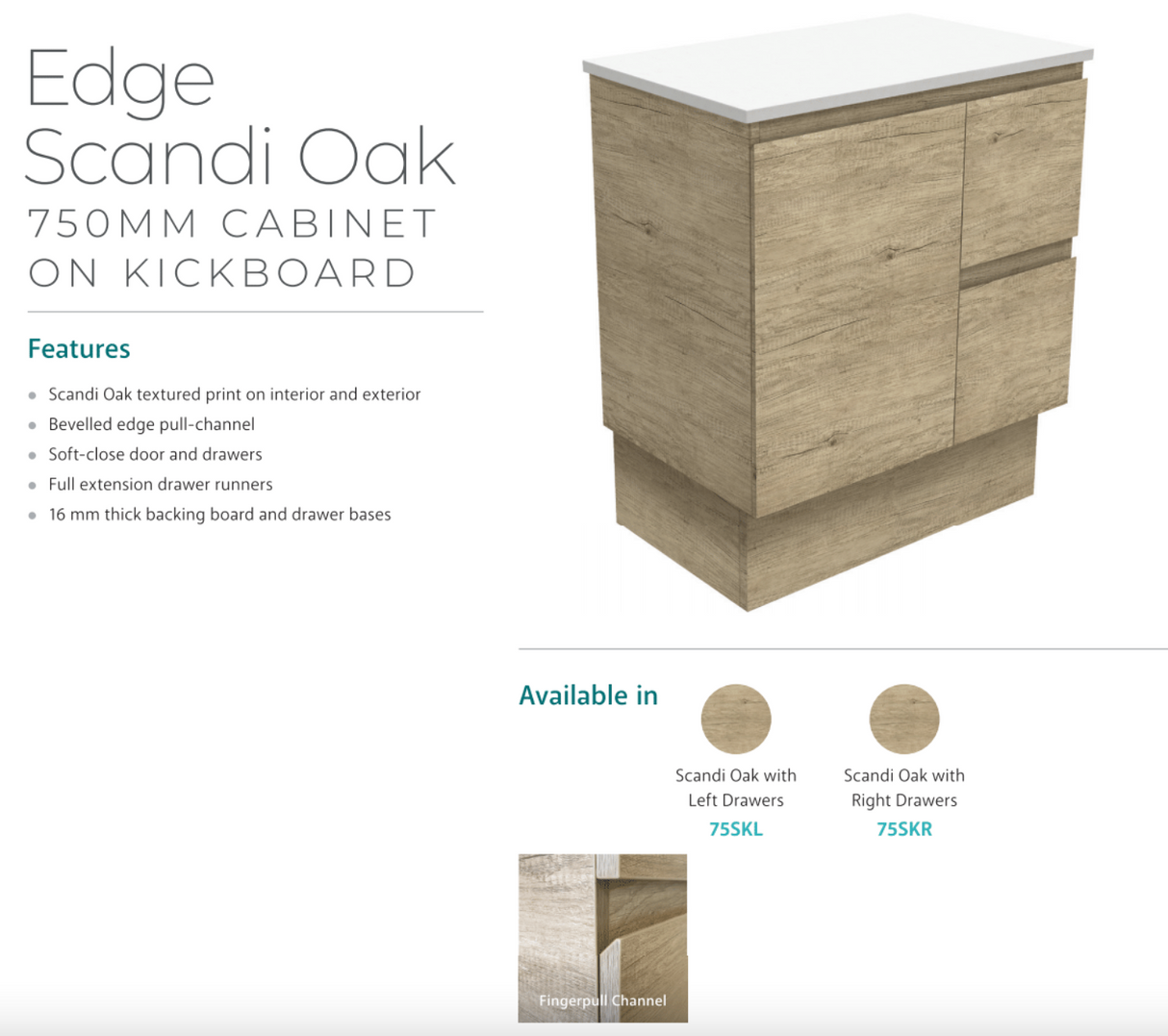 Fienza Dolce Tclb75Skr 750Mm Matte Black Scandi Oak Vanity With Kickboard Right Drawers - Special