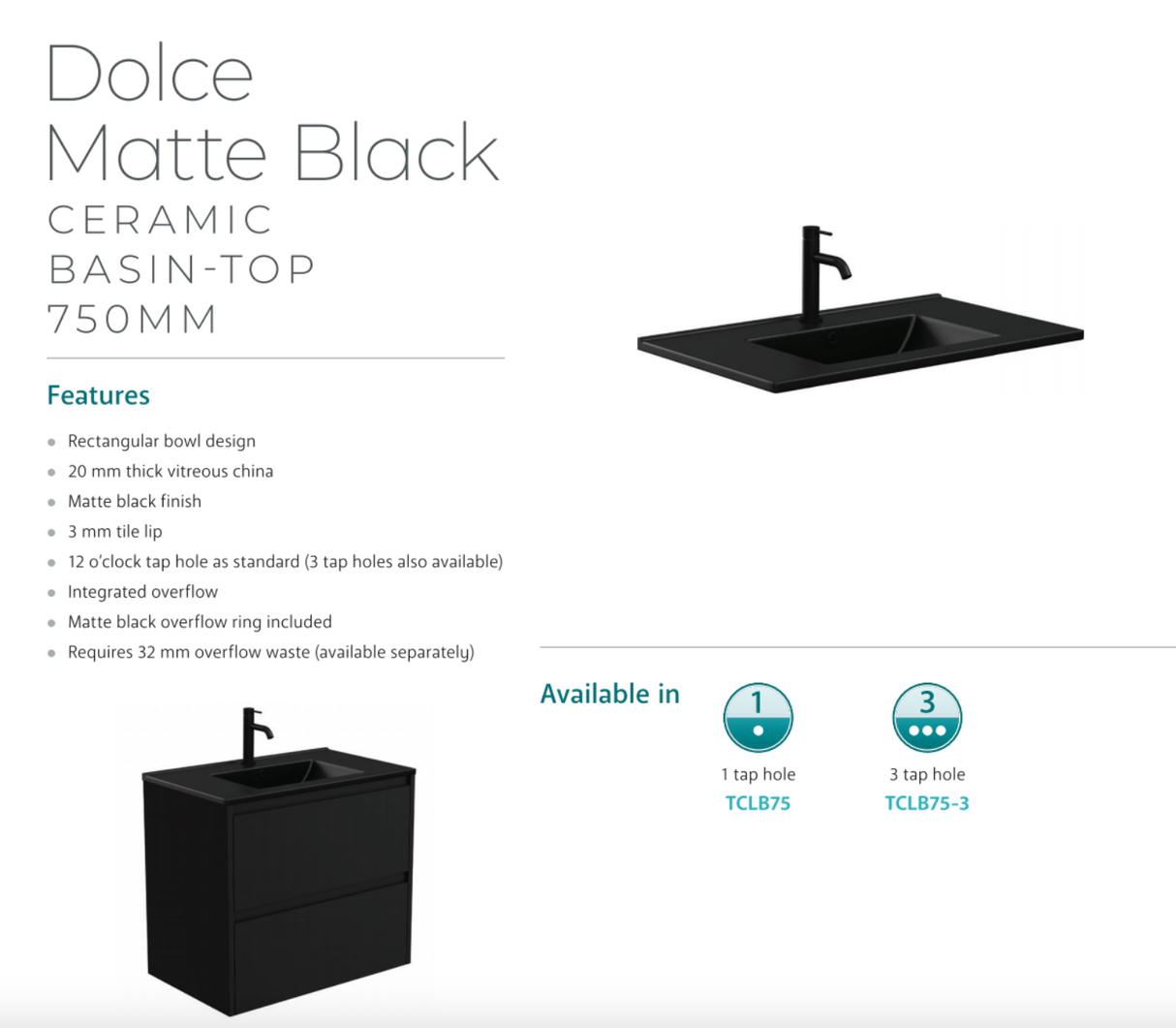Fienza Dolce Tclb75Skr 750Mm Matte Black Scandi Oak Vanity With Kickboard Right Drawers - Special