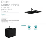 Fienza Dolce Tclb75Sr 750Mm Matte Black Scandi Oak Wall Hung Vanity Right Drawers - Special Order
