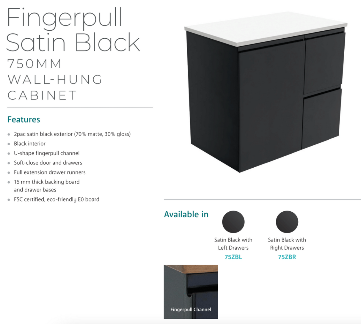 Fienza Dolce Tclb75Zbr 750Mm Matte Black Satin Wall Hung Vanity Right Drawers - Special Order Units
