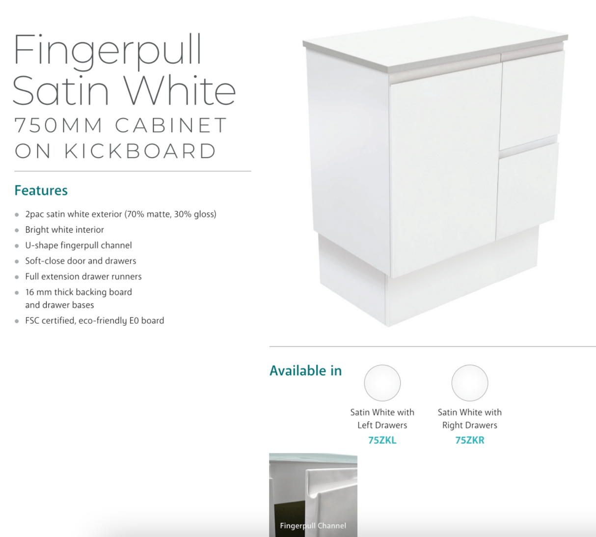 Fienza Dolce Tclb75Zkl 750Mm Matte Black Fingerpull Satin White Vanity On Kickboard Left Drawers -