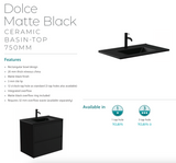 Fienza Dolce Tclb75Zkl 750Mm Matte Black Fingerpull Satin White Vanity On Kickboard Left Drawers -