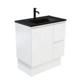 Fienza Dolce Tclb75Zkr 750Mm Matte Black Fingerpull Satin White Vanity On Kickboard Right Drawers -