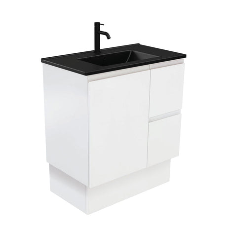 Fienza Dolce Tclb75Zkr 750Mm Matte Black Fingerpull Satin White Vanity On Kickboard Right Drawers -