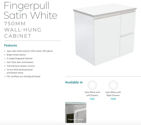 Fienza Dolce Tclb75Zl 750Mm Matte Black Fingerpull Satin White Wall Hung Vanity Left Drawers -