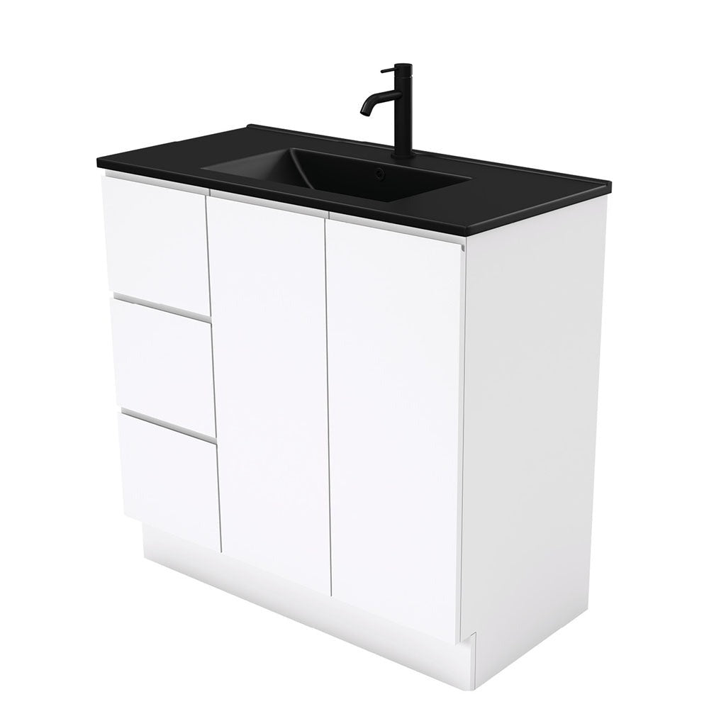 Fienza 900Mm Tclb90Cl Dolce Matte Black Fingerpull Gloss White Vanity On Kickboard Left Drawers -