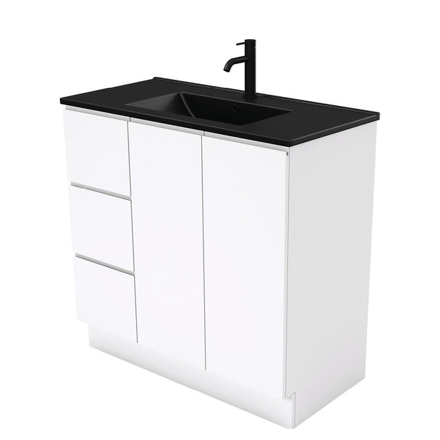 Fienza 900Mm Tclb90Cl Dolce Matte Black Fingerpull Gloss White Vanity On Kickboard Left Drawers -