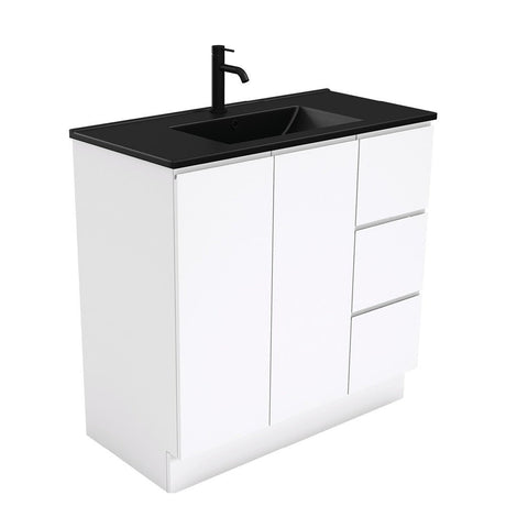 Fienza 900Mm Tclb90Cr Dolce Matte Black Fingerpull Gloss White Vanity On Kickboard Right Drawers -