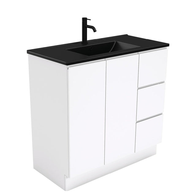 Fienza 900Mm Tclb90Cr Dolce Matte Black Fingerpull Gloss White Vanity On Kickboard Right Drawers -