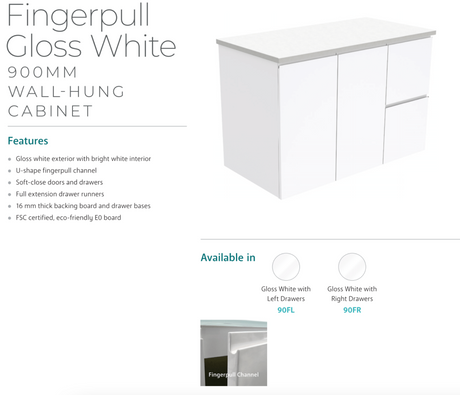 Fienza Tclb90Fl 900Mm Dolce Matte Black Fingerpull Gloss White Wall Hung Vanity Left Drawers -