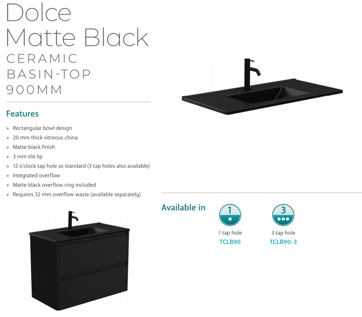 Fienza Tclb90Fl 900Mm Dolce Matte Black Fingerpull Gloss White Wall Hung Vanity Left Drawers -