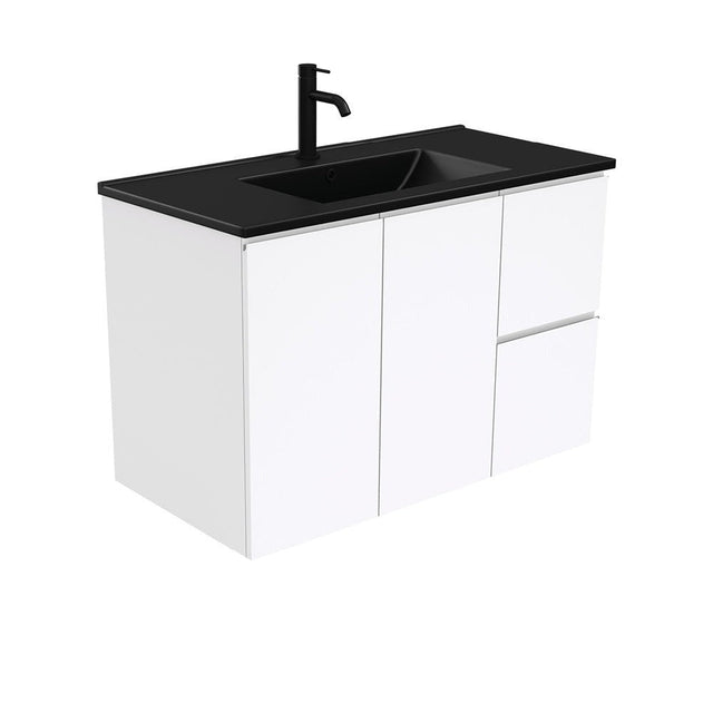 Fienza Tclb90Fr 900Mm Dolce Matte Black Fingerpull Gloss White Wall Hung Vanity Right Drawers -