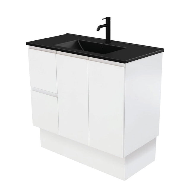 Fienza 900Mm Tclb90Zkl Dolce Matte Black Fingerpull Satin White Vanity On Kickboard Left Drawers -