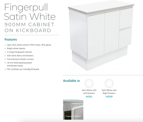 Fienza 900Mm Tclb90Zkl Dolce Matte Black Fingerpull Satin White Vanity On Kickboard Left Drawers -