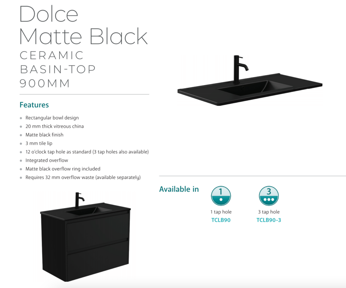 Fienza 900Mm Tclb90Zkl Dolce Matte Black Fingerpull Satin White Vanity On Kickboard Left Drawers -