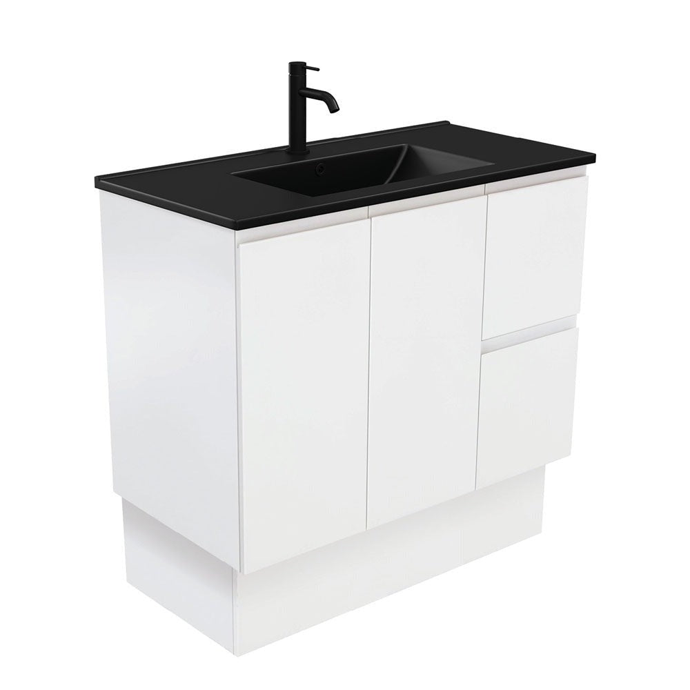 Fienza 900Mm Tclb90Zkr Dolce Matte Black Fingerpull Satin White Vanity On Kickboard Right Drawers -