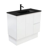 Fienza 900Mm Tclb90Zkr Dolce Matte Black Fingerpull Satin White Vanity On Kickboard Right Drawers -