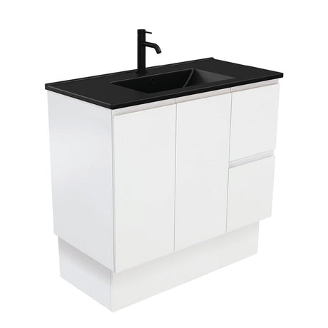 Fienza 900Mm Tclb90Zkr Dolce Matte Black Fingerpull Satin White Vanity On Kickboard Right Drawers -
