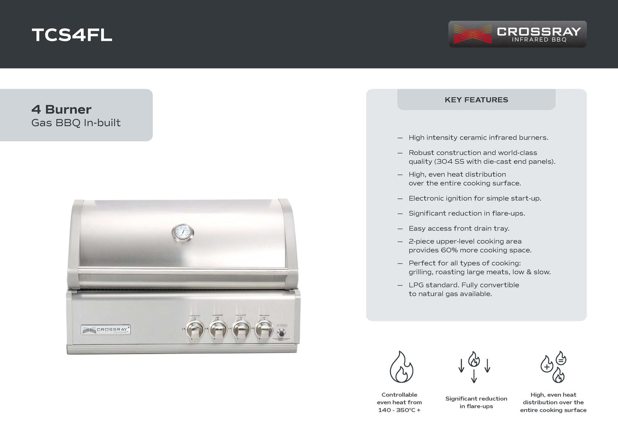Crossray TCS4FL Infrared 4 Burner In-Built BBQ, Stainless Steel