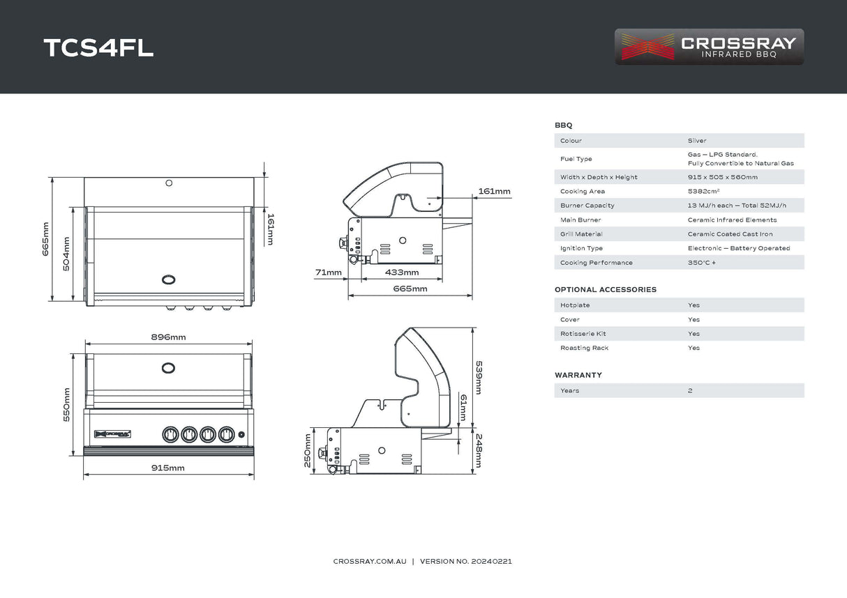 Crossray TCS4FL Infrared 4 Burner In-Built BBQ, Stainless Steel