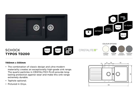 Abey Td200B Schock Typos 1 & 3/4 Bowl With Drainer Granite Kitchen Sinks