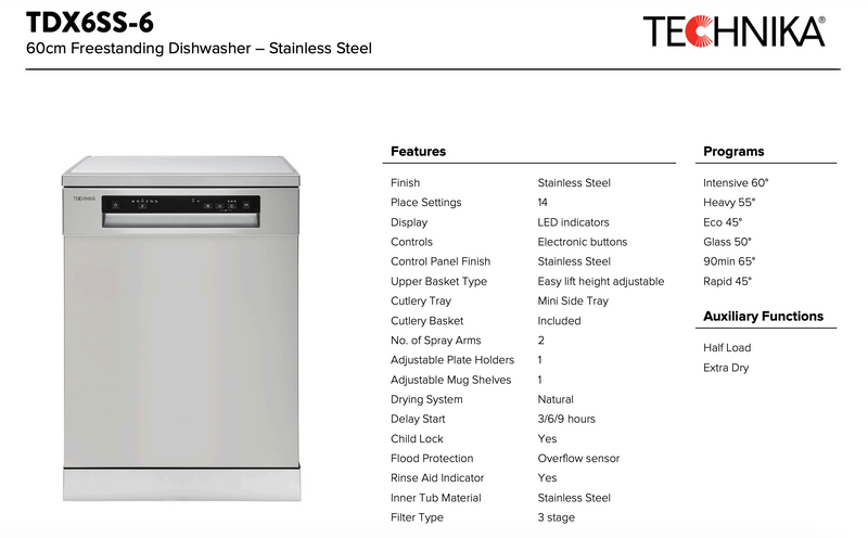 Technika TDX6SS-6 60cm Stainless Steel Dishwasher