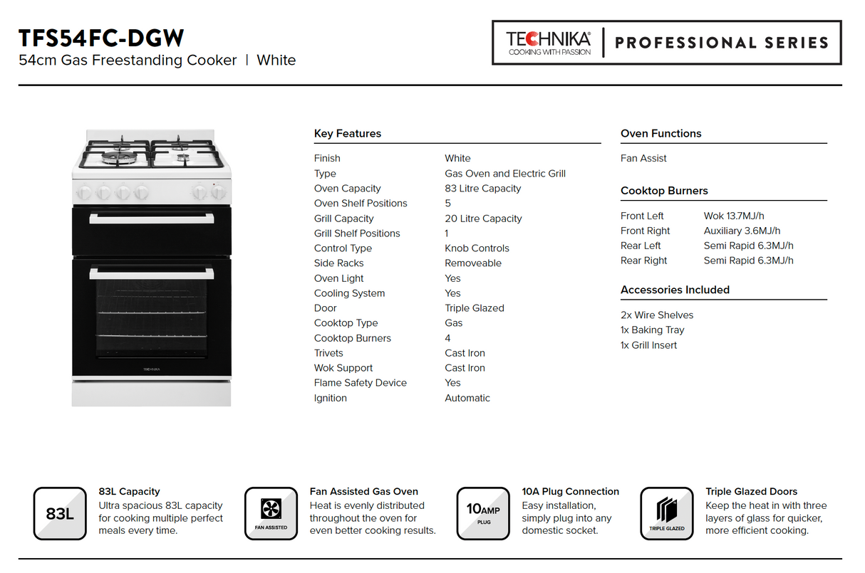 Technika TFS54FC-DGW 54cm White Gas Freestanding Stove
