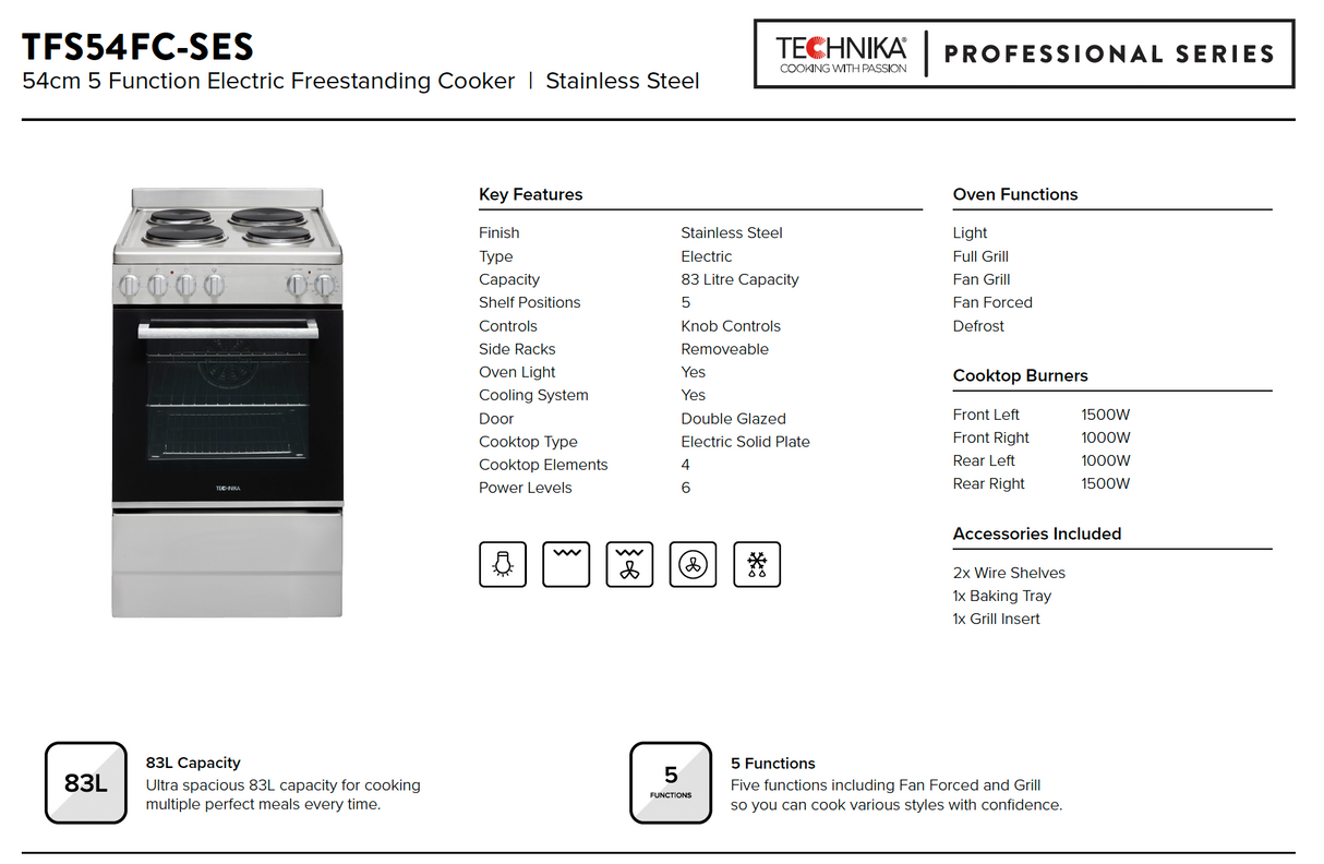 Technika TFS54FC-SES 540mm Stainless Steel 5-Function Electric Freestanding Cooker
