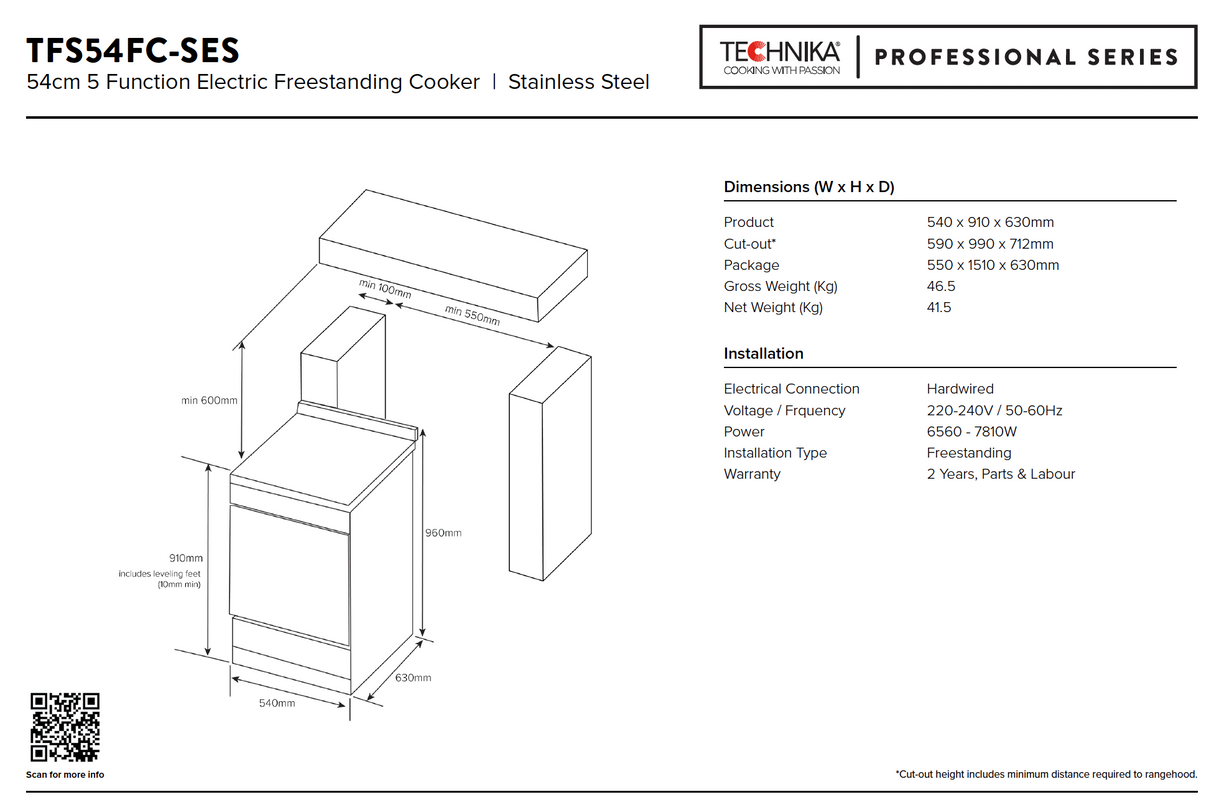 Technika TFS54FC-SES 540mm Stainless Steel 5-Function Electric Freestanding Cooker