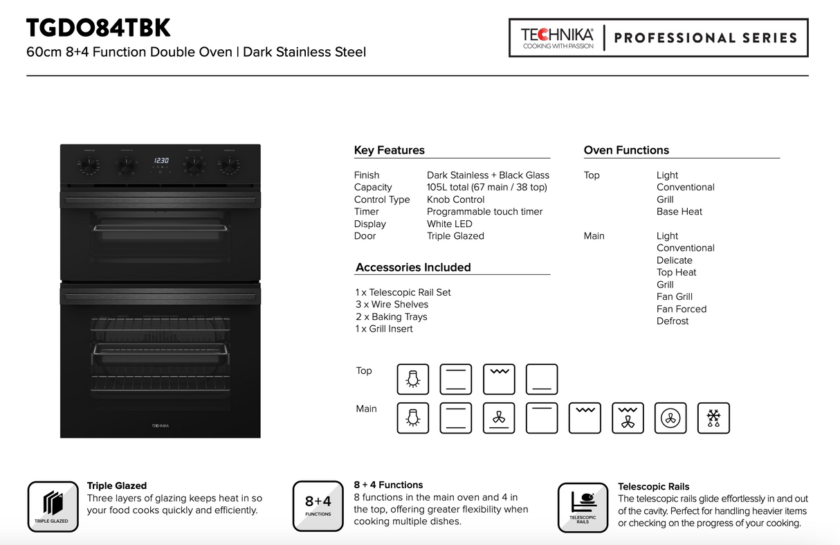 Technika TGDO84TBK 60cm Electric Fan Forced Double Oven - Seconds Discount