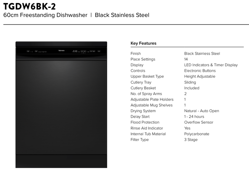 Belissimo BTGDW6BK-2 60cm Black Dishwasher with Auto Open