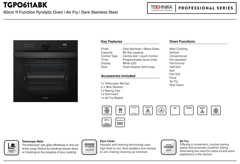 Technika TGPO611ABK Series 8 60cm Pyro oven with Airfry - Clearance Discount